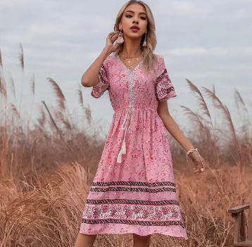 Robe Femme - Style Bohème - Midi - Manches Courtes - Col V - Taille Ajustable