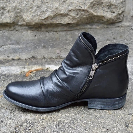 Bottines femme – Cuir lisse – Talon bas – Zip latéral – Détail froncé devant