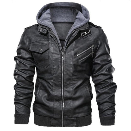 Blouson homme – Cuir – Coupe slim – Capuche – Poches multiples – Fermeture zippée