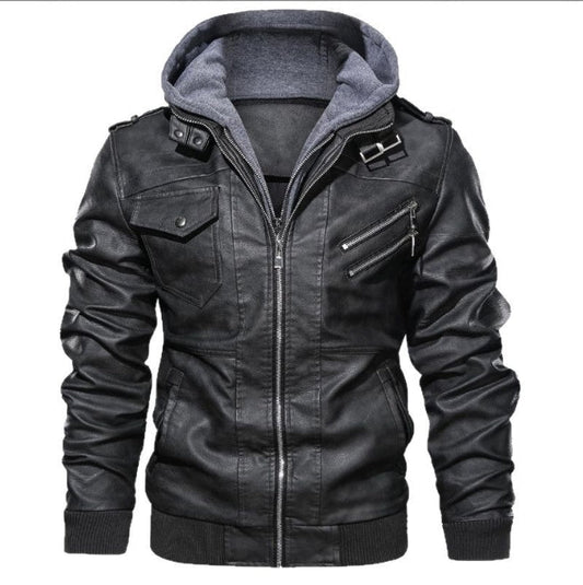 Blouson homme – Cuir – Coupe slim – Capuche – Poches multiples – Fermeture zippée