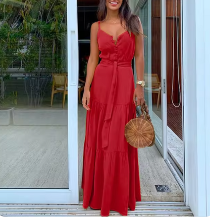 Robe Longue Femme – Bretelles Fines – Boutonnée – Ceinture Taille – Jupe Volants