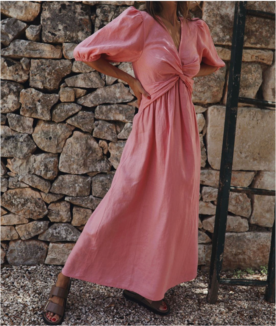 Robe Longue Femme - Décolleté V Noué - Manches Bouffantes - Coupe Fluide et Aérienne