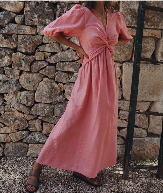 Robe Longue Femme - Décolleté V Noué - Manches Bouffantes - Coupe Fluide et Aérienne