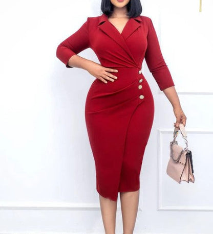 Robe Midi Femme - Coupe Cintrée Élégante - Manches 3/4 - Décolleté V - Style Portefeuille