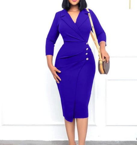 Robe Midi Femme - Coupe Cintrée Élégante - Manches 3/4 - Décolleté V - Style Portefeuille