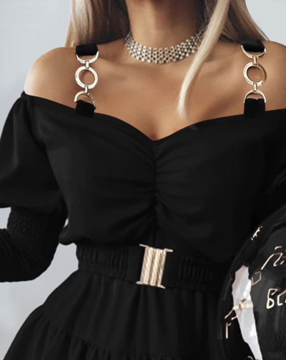 Robe Femme Off-Shoulder - Ceinture Large - Manches Asymétriques - Jupe Volants