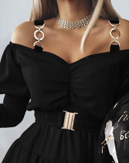 Robe Femme Off-Shoulder - Ceinture Large - Manches Asymétriques - Jupe Volants