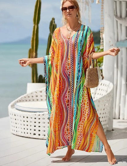 Robe Kaftan Femme - Longue et Ample - Col V - Motif Graphique Élégant - Manches Larges