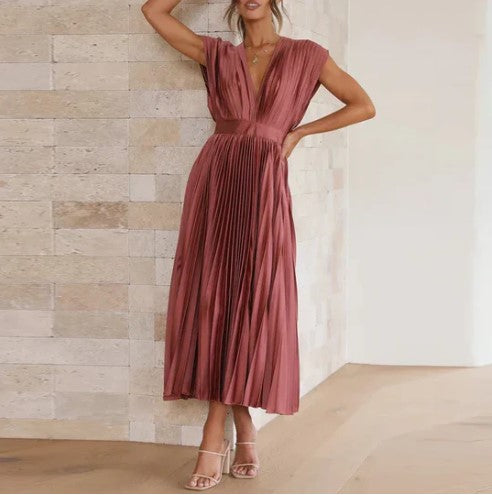 Robe Femme - Sans Manches - Décolleté V - Taille Cintrée - Jupe Plissée Midi