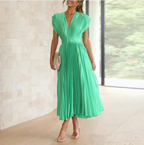 Robe Femme - Sans Manches - Décolleté V - Taille Cintrée - Jupe Plissée Midi