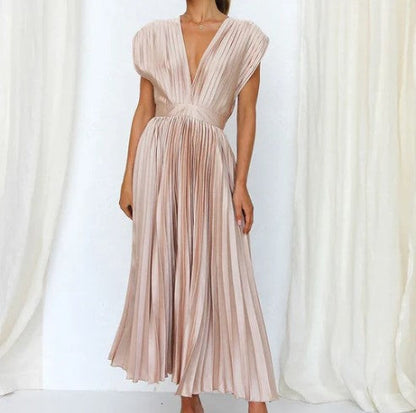 Robe Femme - Sans Manches - Décolleté V - Taille Cintrée - Jupe Plissée Midi