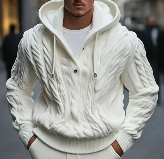 Sweat à capuche homme – Maille torsadée – Coupe ample – Boutons – Cordon ajustable