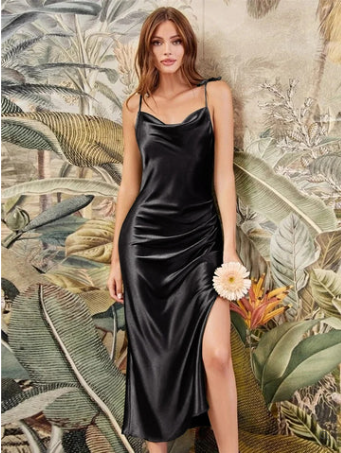 Robe Midi Femme - Satin Fluide - Encolure Bénitier - Bretelles Fines - Fente Latérale