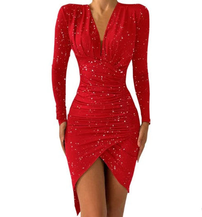 Robe Femme Moulante - Manches Longues - Col V Plongeant - Détail Froncé - Ourlet Asymétrique