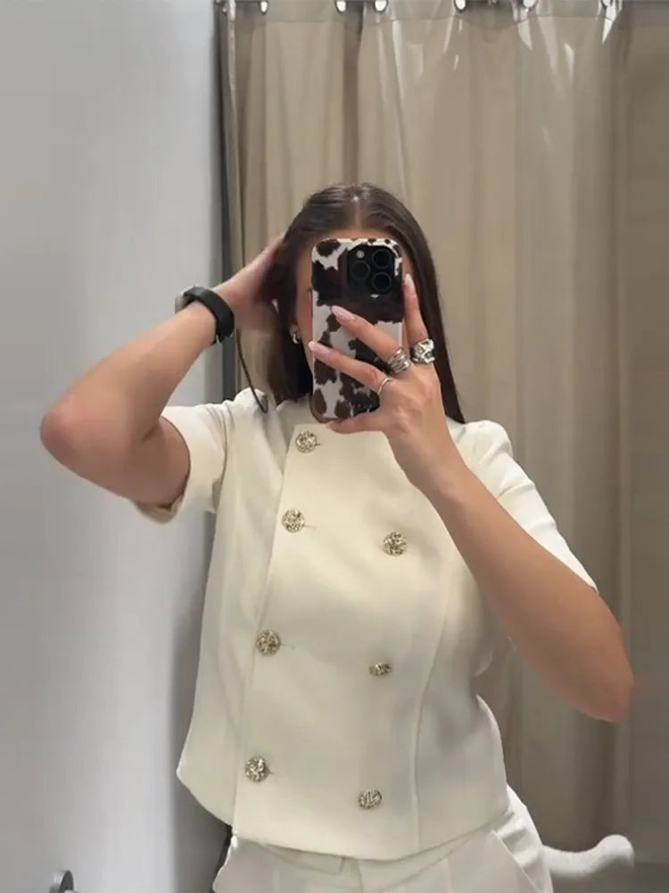 Ensemble Femme – Veste Croppée Manches Courtes Boutonnée – Pantalon Large Tailleur