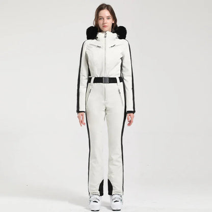 Combinaison de ski femme – Coupe ajustée – Ceinture – Capuche fausse fourrure – Imperméable