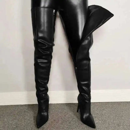 Bottes femme cuissardes – Talon haut – Bout pointu – Finition brillante – Fermeture zippée