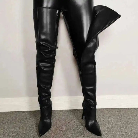 Bottes femme cuissardes – Talon haut – Bout pointu – Finition brillante – Fermeture zippée