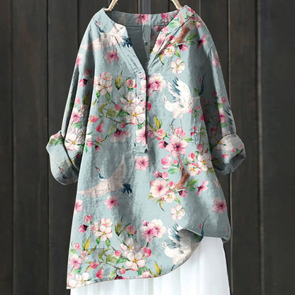 Blouse femme – Coupe décontractée – Motif floral – Manches longues retroussables – Tissu respirant