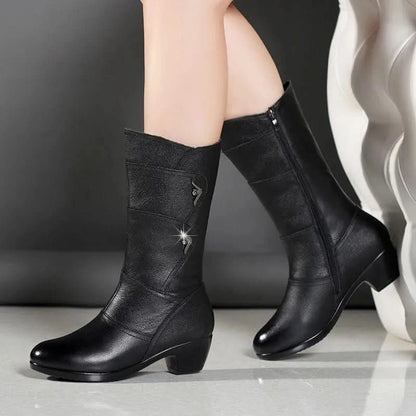 Bottes Femme - Cuir Élégant - Talon Bas Confortable - Fermeture Éclair Pratique