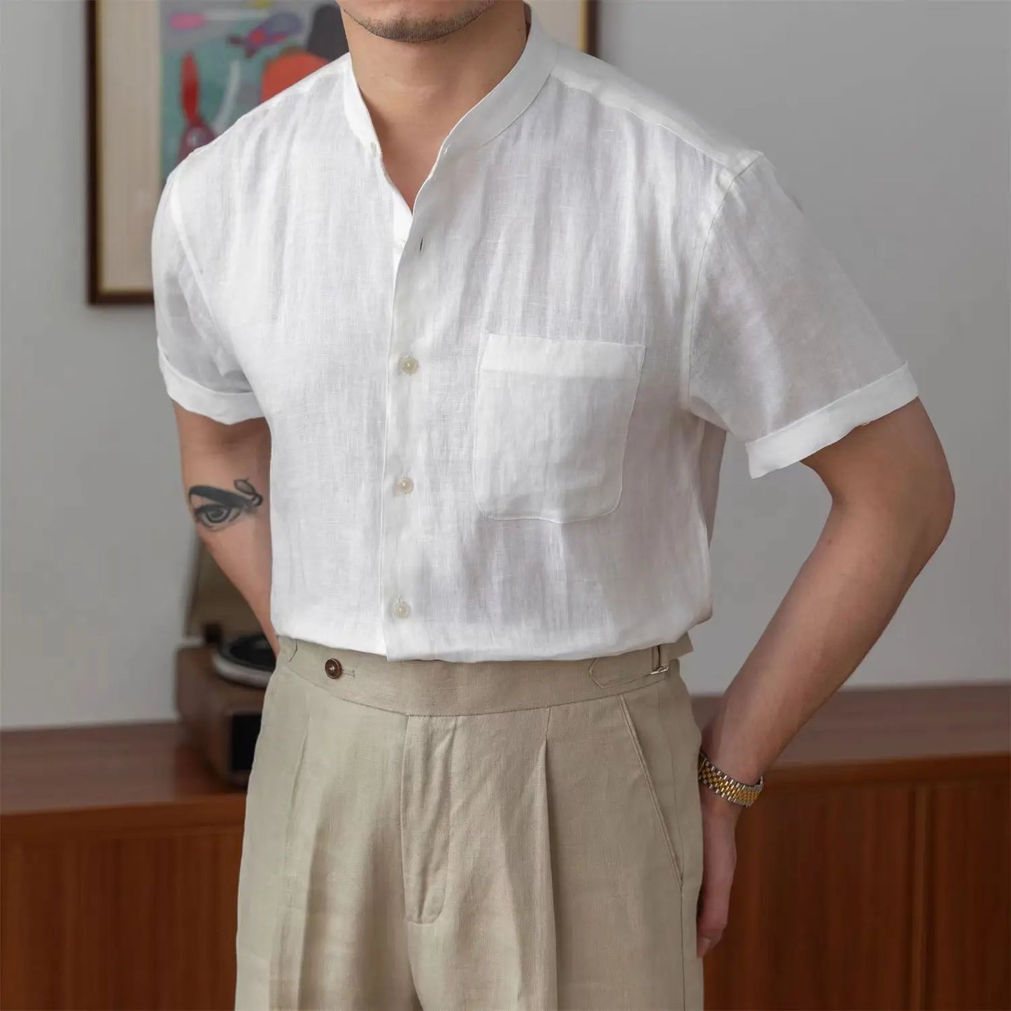 Chemise homme en lin – Coupe décontractée – Col mao – Manches longues boutonnées