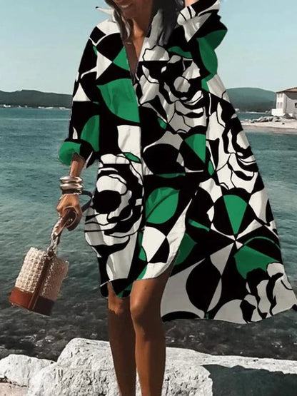 Robe Femme Ample - Imprimé Géométrique - Manches Longues - Ourlet Asymétrique - Tissu Léger