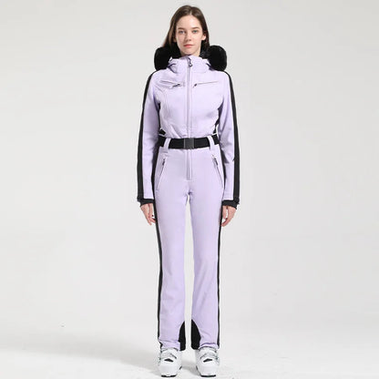 Combinaison de ski femme – Coupe ajustée – Ceinture – Capuche fausse fourrure – Imperméable