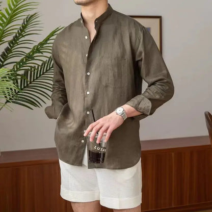 Chemise homme en lin – Coupe décontractée – Col mao – Manches longues boutonnées