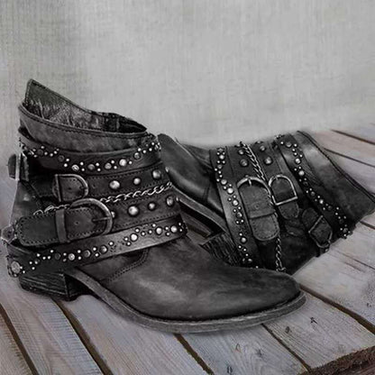 Bottines Femme – Cuir Vieilli – Brides Cloutées – Boucles – Talon Plat – Style Rock