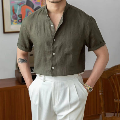 Chemise homme en lin – Coupe décontractée – Col mao – Manches longues boutonnées