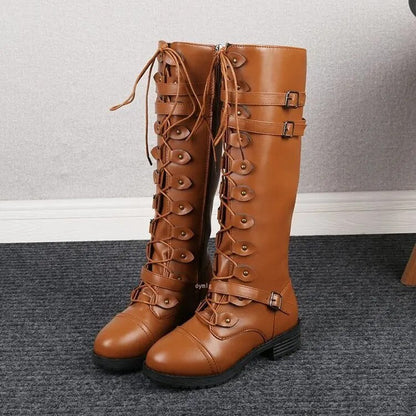 Bottes hautes femme – Lacets et boucles – Style cuir structuré – Semelle crantée
