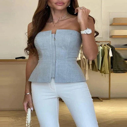 Top bustier femme – Coupe cintrée – Fermeture zippée – Ourlet basque – Tissu structuré