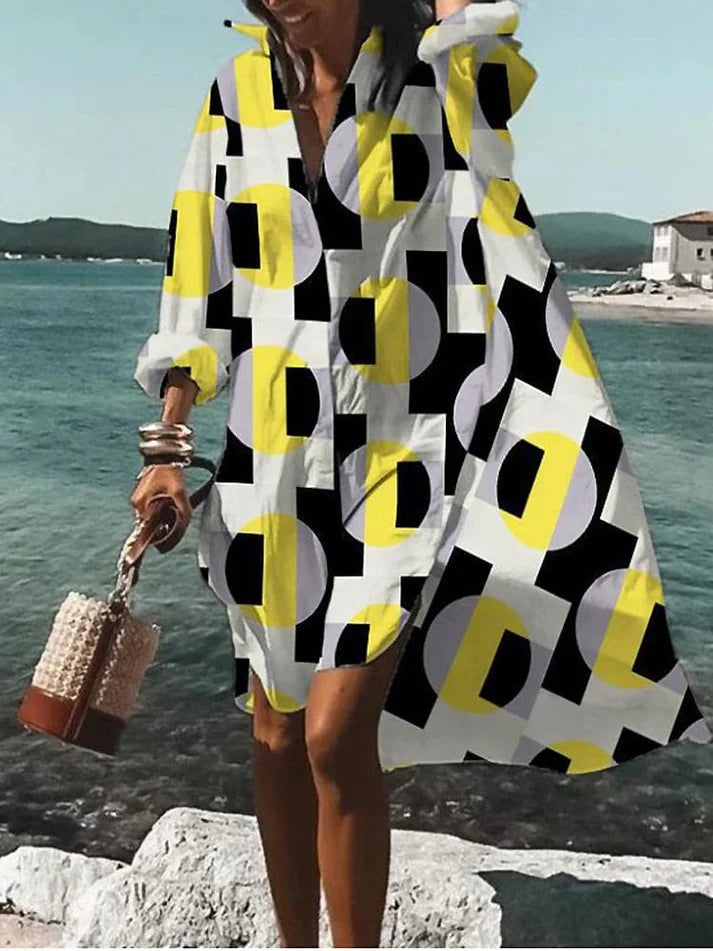 Robe Femme Ample - Imprimé Géométrique - Manches Longues - Ourlet Asymétrique - Tissu Léger