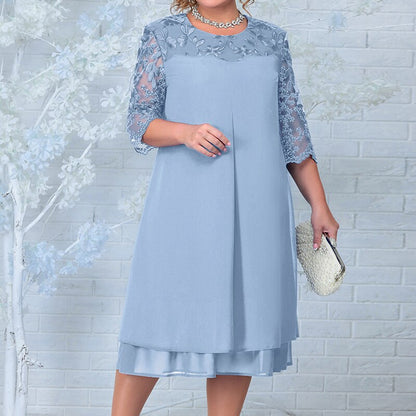 Robe midi femme – Coupe évasée – Manches transparentes – Détails floraux brodés