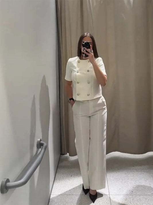 Ensemble Femme – Veste Croppée Manches Courtes Boutonnée – Pantalon Large Tailleur