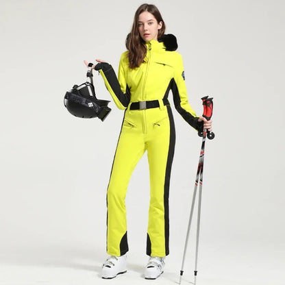 Combinaison de ski femme – Coupe ajustée – Ceinture – Capuche fausse fourrure – Imperméable