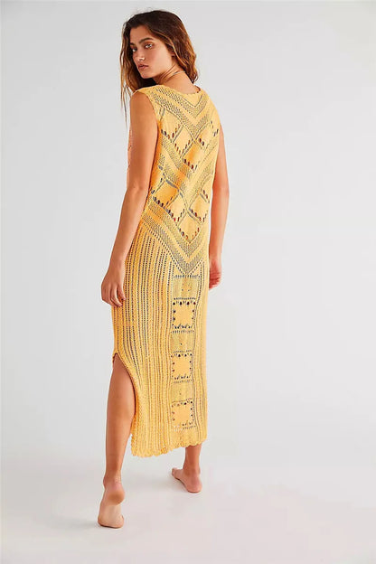 Robe Femme Maille Mesh – Coupe Décontractée – Col V – Motif Géométrique – Fente Latérale