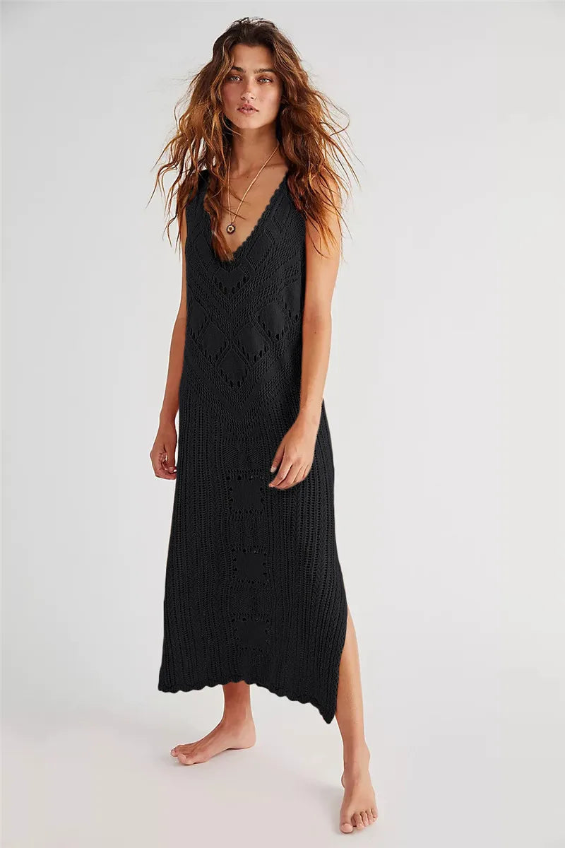 Robe Femme Maille Mesh – Coupe Décontractée – Col V – Motif Géométrique – Fente Latérale