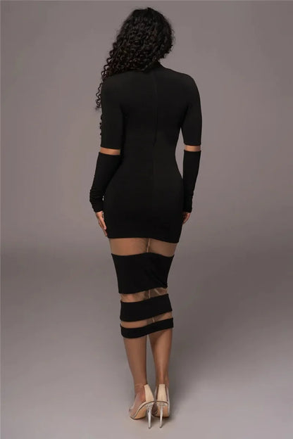 Robe Midi Femme – Coupe Moulante – Manches Longues – Col Montant – Découpes Taille