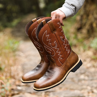 Bottes cowboy homme – cuir – bout large – tige haute brodée – style western