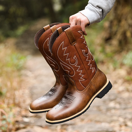 Bottes cowboy homme – cuir – bout large – tige haute brodée – style western