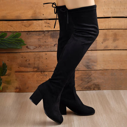 Bottes cuissardes femme – Effet suédé – Talon bloc – Bout pointu – Laçage dos
