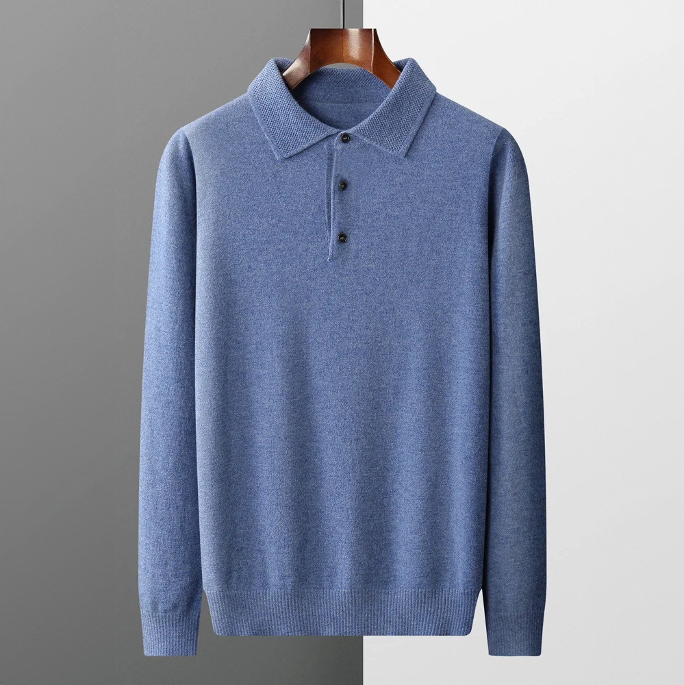 Pull homme polo – Laine mérinos – Coupe standard – Col boutonné – Finitions côtelées