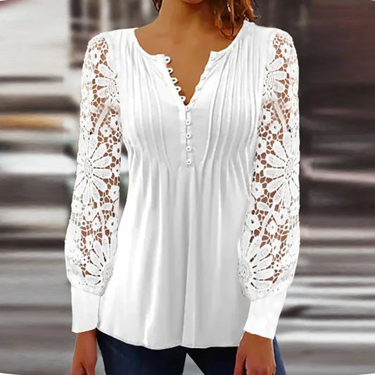 Blouse femme – Coupe décontractée – Manches longues en dentelle – Col en V festonné