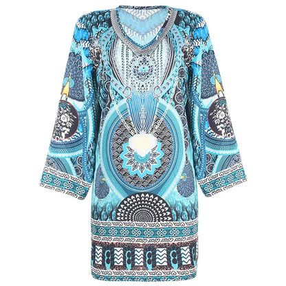 Robe Tunique Femme – Col V – Manches Amples – Tissu Léger – Motifs Bohèmes