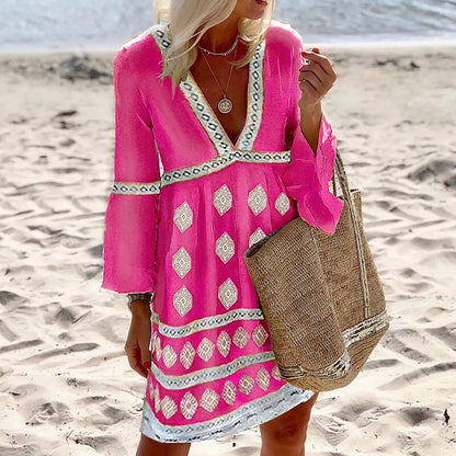 Women’s Boho V-Neck Beach Dress with Long Sleeves and Relaxed Fit