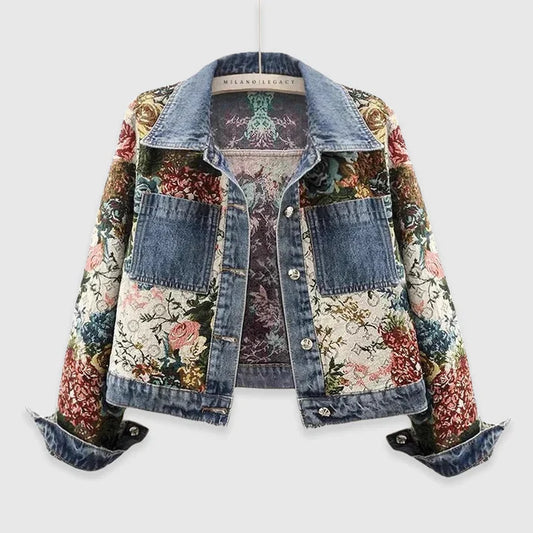 Veste en jean femme – Coupe courte – Broderies florales – Fermeture boutonnée