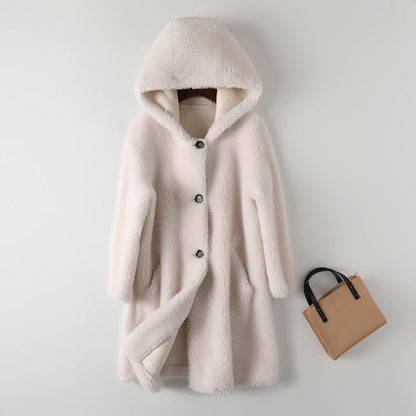 Manteau femme – Coupe oversize – Effet peluche – Capuche – Boutonné – Mi-long