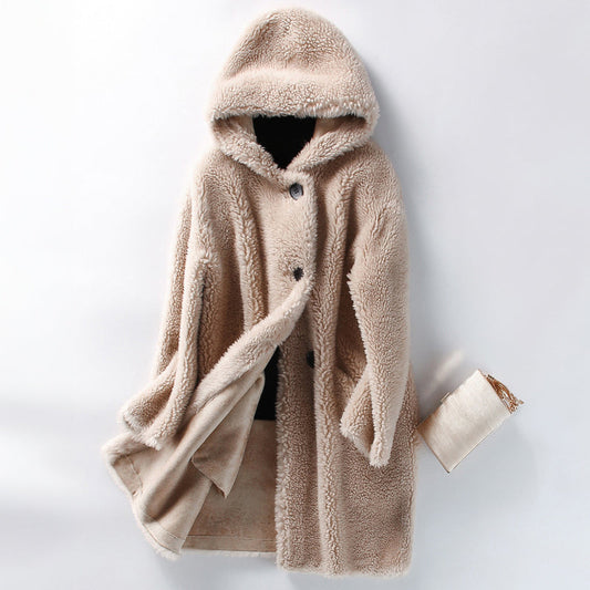 Manteau femme – Coupe oversize – Effet peluche – Capuche – Boutonné – Mi-long