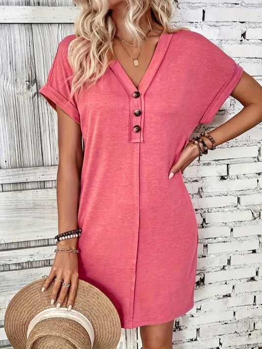 Robe T-Shirt Femme - Coupe Ample - Manches Courtes Revers - Col V Boutonné Casual
